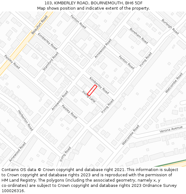 103, KIMBERLEY ROAD, BOURNEMOUTH, BH6 5DF: Location map and indicative extent of plot