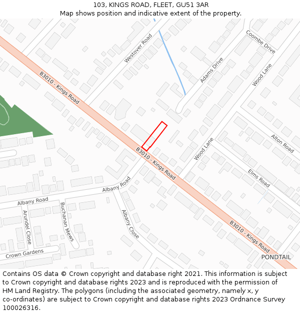 103, KINGS ROAD, FLEET, GU51 3AR: Location map and indicative extent of plot