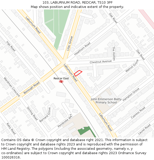 103, LABURNUM ROAD, REDCAR, TS10 3PF: Location map and indicative extent of plot