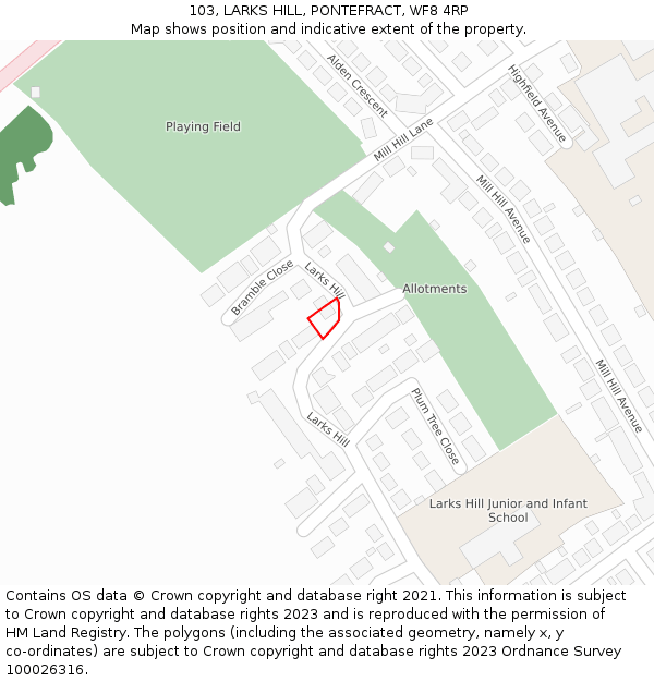 103, LARKS HILL, PONTEFRACT, WF8 4RP: Location map and indicative extent of plot