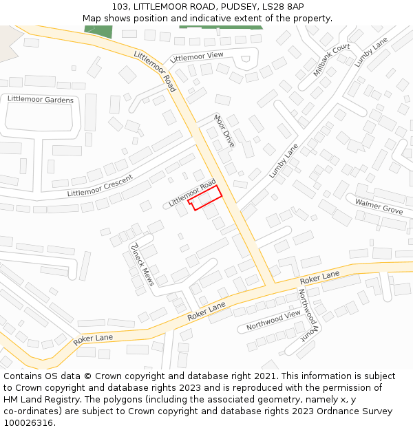 103, LITTLEMOOR ROAD, PUDSEY, LS28 8AP: Location map and indicative extent of plot