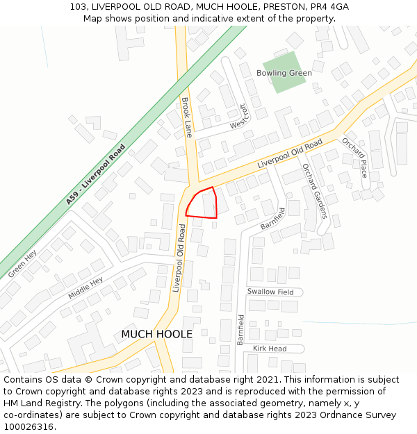 103, LIVERPOOL OLD ROAD, MUCH HOOLE, PRESTON, PR4 4GA: Location map and indicative extent of plot