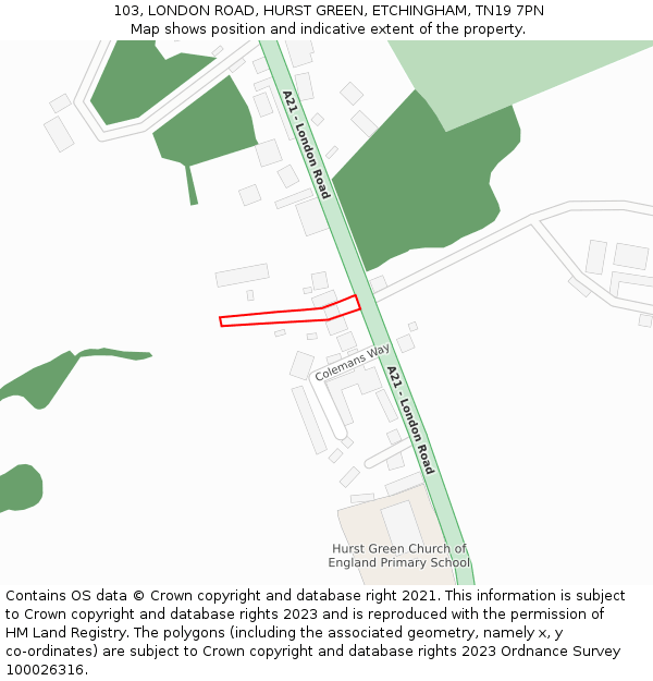 103, LONDON ROAD, HURST GREEN, ETCHINGHAM, TN19 7PN: Location map and indicative extent of plot