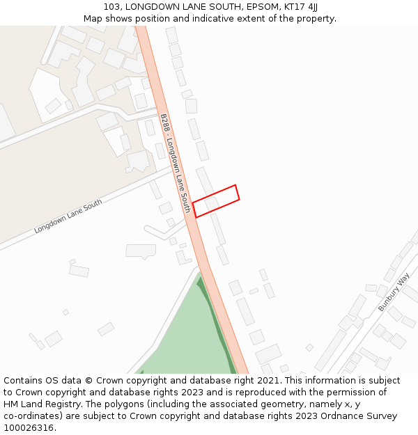 103, LONGDOWN LANE SOUTH, EPSOM, KT17 4JJ: Location map and indicative extent of plot