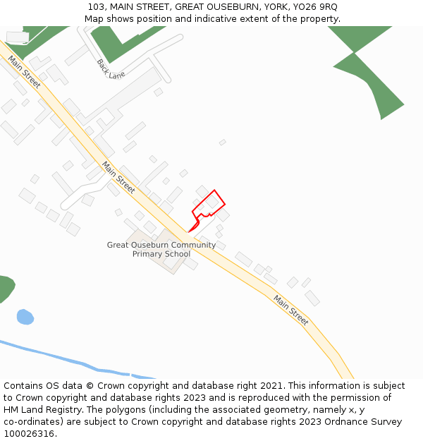 103, MAIN STREET, GREAT OUSEBURN, YORK, YO26 9RQ: Location map and indicative extent of plot