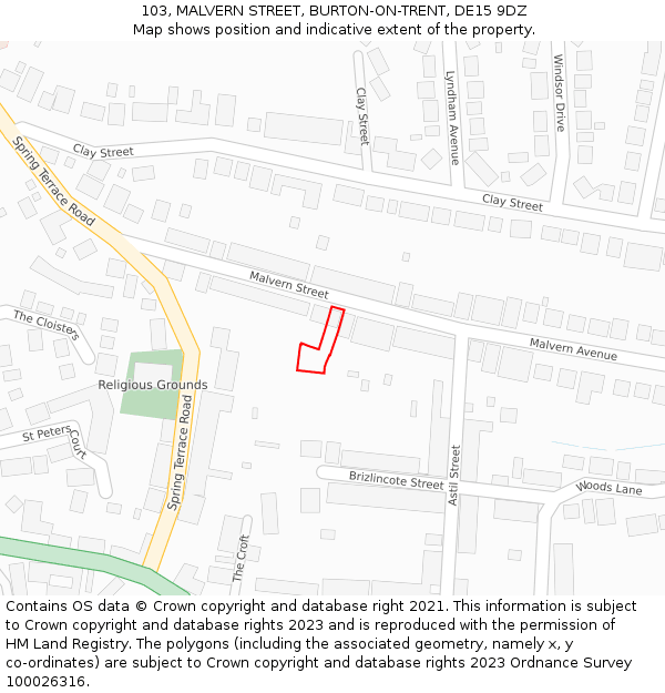 103, MALVERN STREET, BURTON-ON-TRENT, DE15 9DZ: Location map and indicative extent of plot
