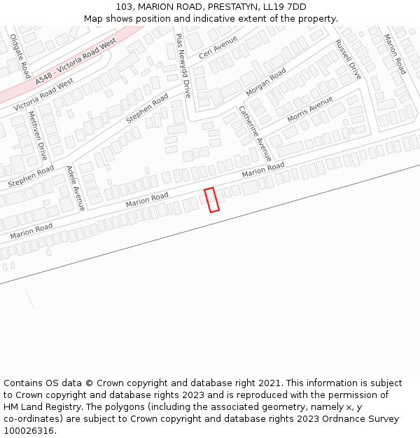 103, MARION ROAD, PRESTATYN, LL19 7DD: Location map and indicative extent of plot