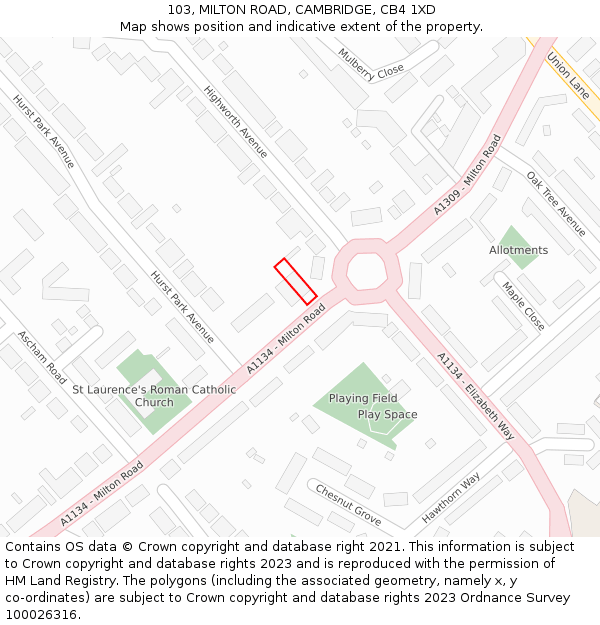 103, MILTON ROAD, CAMBRIDGE, CB4 1XD: Location map and indicative extent of plot