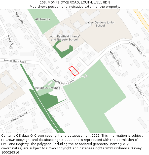 103, MONKS DYKE ROAD, LOUTH, LN11 8DN: Location map and indicative extent of plot