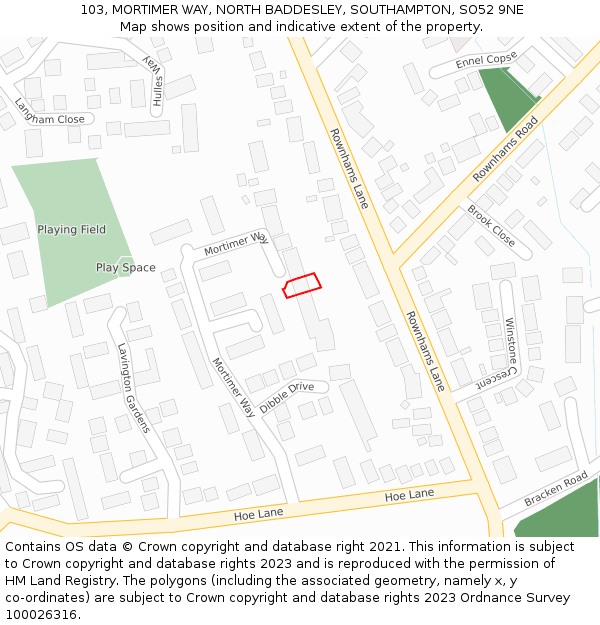 103, MORTIMER WAY, NORTH BADDESLEY, SOUTHAMPTON, SO52 9NE: Location map and indicative extent of plot