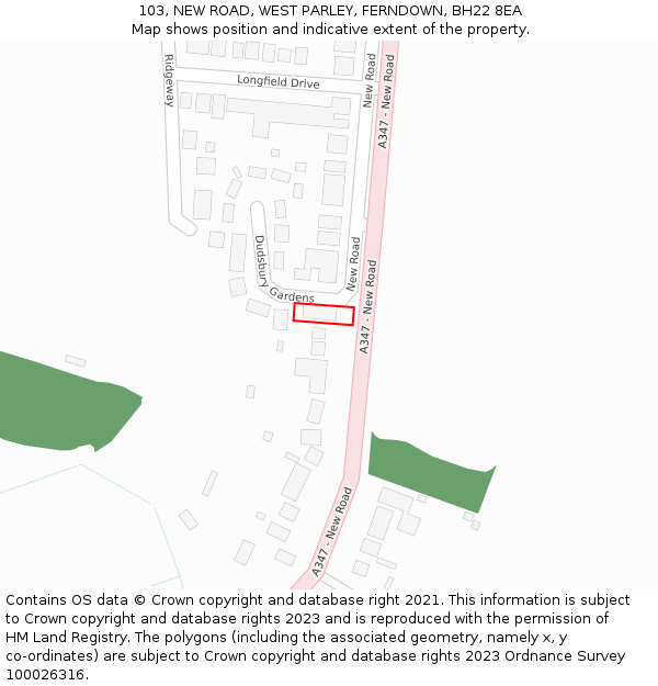 103, NEW ROAD, WEST PARLEY, FERNDOWN, BH22 8EA: Location map and indicative extent of plot
