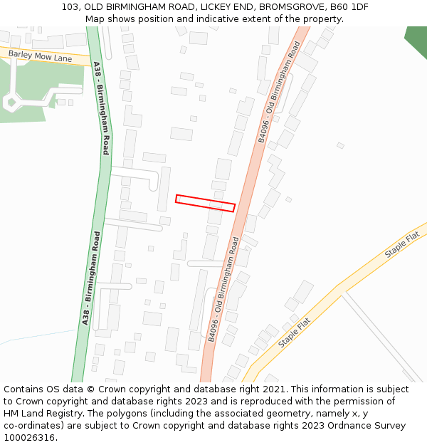 103, OLD BIRMINGHAM ROAD, LICKEY END, BROMSGROVE, B60 1DF: Location map and indicative extent of plot