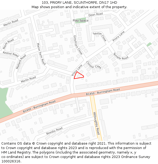 103, PRIORY LANE, SCUNTHORPE, DN17 1HD: Location map and indicative extent of plot