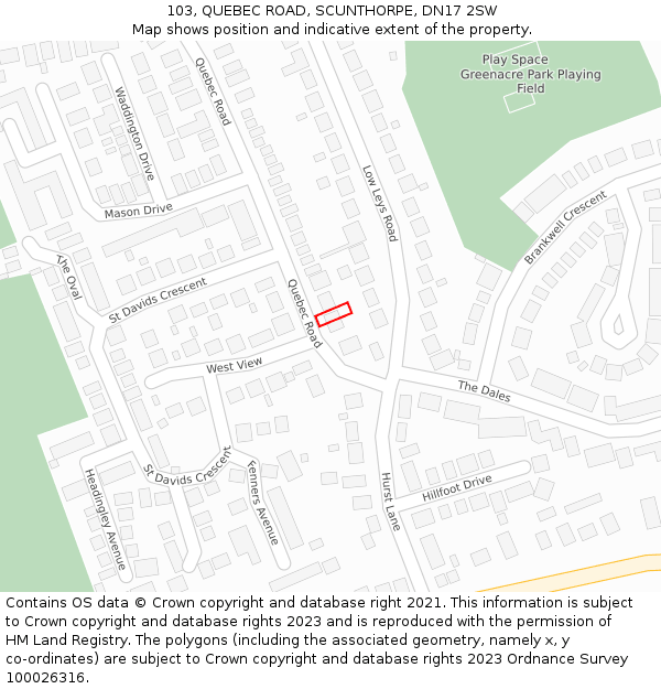 103, QUEBEC ROAD, SCUNTHORPE, DN17 2SW: Location map and indicative extent of plot