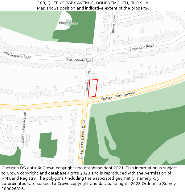 103, QUEENS PARK AVENUE, BOURNEMOUTH, BH8 9HA: Location map and indicative extent of plot