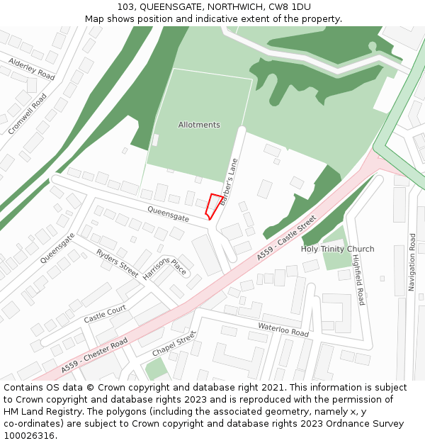 103, QUEENSGATE, NORTHWICH, CW8 1DU: Location map and indicative extent of plot