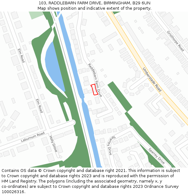 103, RADDLEBARN FARM DRIVE, BIRMINGHAM, B29 6UN: Location map and indicative extent of plot