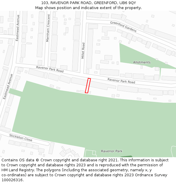 103, RAVENOR PARK ROAD, GREENFORD, UB6 9QY: Location map and indicative extent of plot