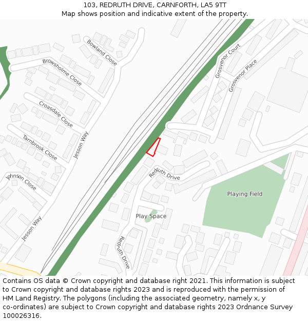 103, REDRUTH DRIVE, CARNFORTH, LA5 9TT: Location map and indicative extent of plot