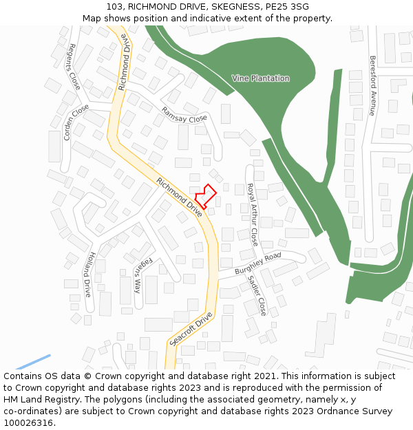 103, RICHMOND DRIVE, SKEGNESS, PE25 3SG: Location map and indicative extent of plot