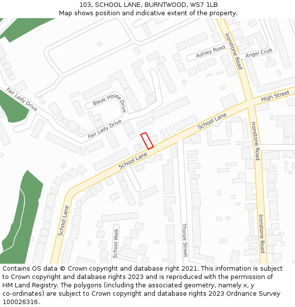 103, SCHOOL LANE, BURNTWOOD, WS7 1LB: Location map and indicative extent of plot