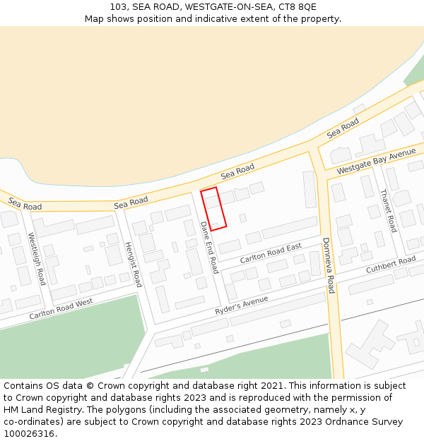 103, SEA ROAD, WESTGATE-ON-SEA, CT8 8QE: Location map and indicative extent of plot