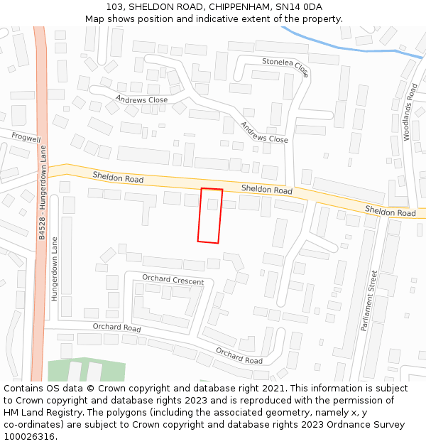 103, SHELDON ROAD, CHIPPENHAM, SN14 0DA: Location map and indicative extent of plot