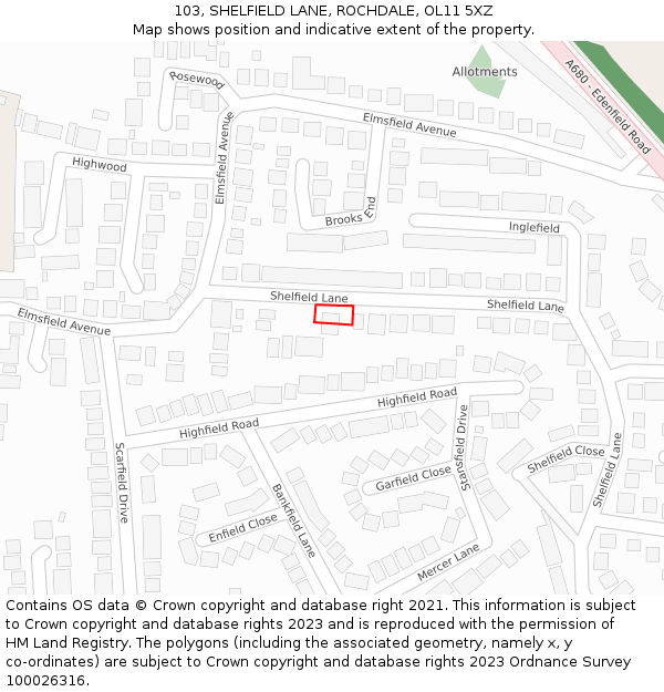 103, SHELFIELD LANE, ROCHDALE, OL11 5XZ: Location map and indicative extent of plot