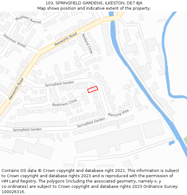 103, SPRINGFIELD GARDENS, ILKESTON, DE7 8JA: Location map and indicative extent of plot
