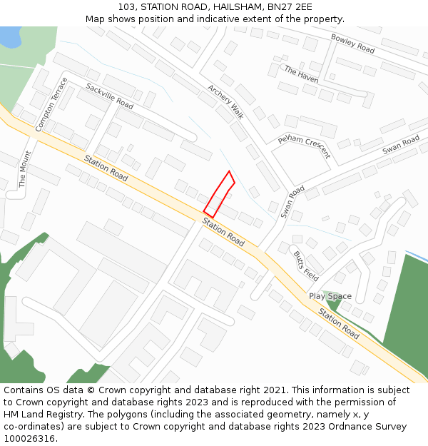 103, STATION ROAD, HAILSHAM, BN27 2EE: Location map and indicative extent of plot