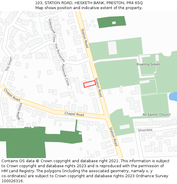 103, STATION ROAD, HESKETH BANK, PRESTON, PR4 6SQ: Location map and indicative extent of plot