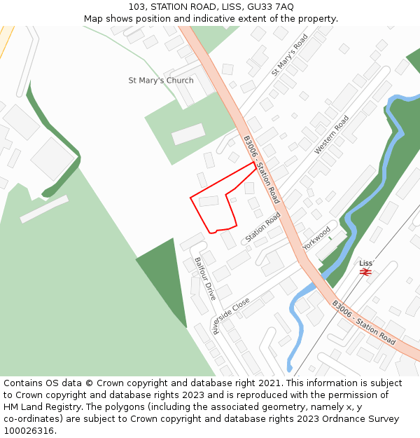 103, STATION ROAD, LISS, GU33 7AQ: Location map and indicative extent of plot