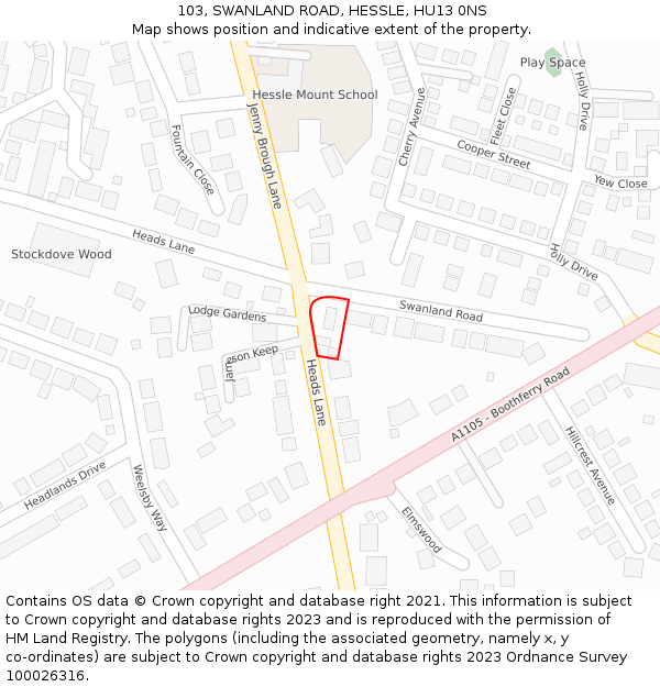 103, SWANLAND ROAD, HESSLE, HU13 0NS: Location map and indicative extent of plot