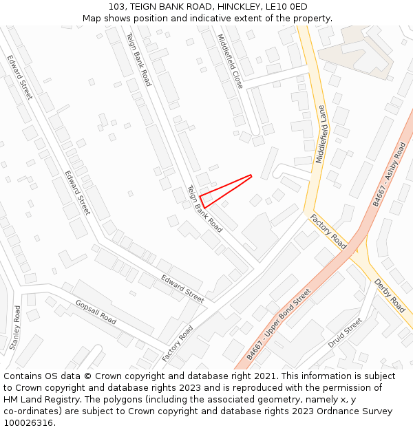 103, TEIGN BANK ROAD, HINCKLEY, LE10 0ED: Location map and indicative extent of plot