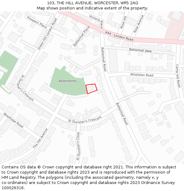 103, THE HILL AVENUE, WORCESTER, WR5 2AG: Location map and indicative extent of plot