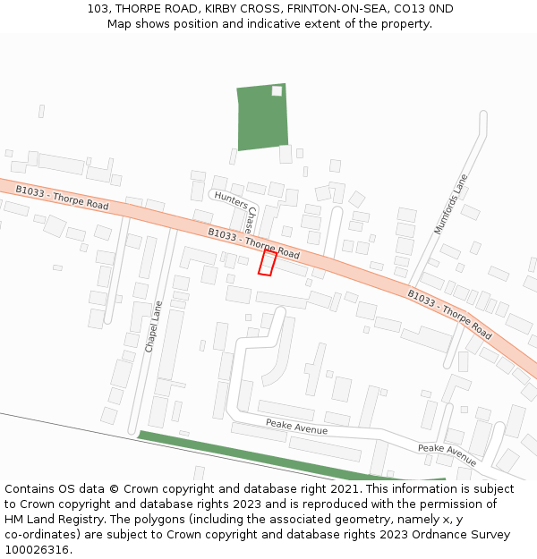 103, THORPE ROAD, KIRBY CROSS, FRINTON-ON-SEA, CO13 0ND: Location map and indicative extent of plot
