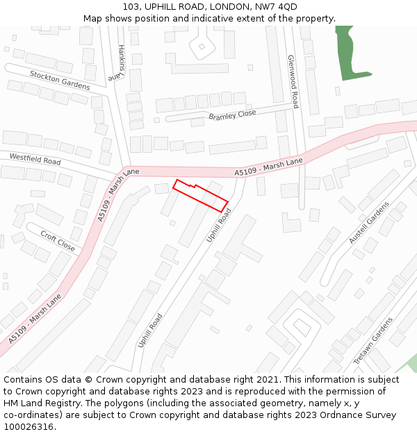 103, UPHILL ROAD, LONDON, NW7 4QD: Location map and indicative extent of plot