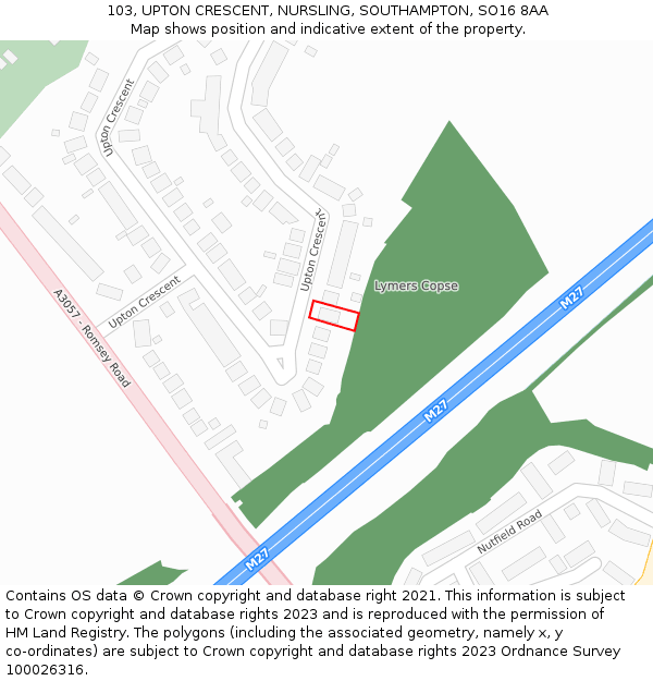 103, UPTON CRESCENT, NURSLING, SOUTHAMPTON, SO16 8AA: Location map and indicative extent of plot
