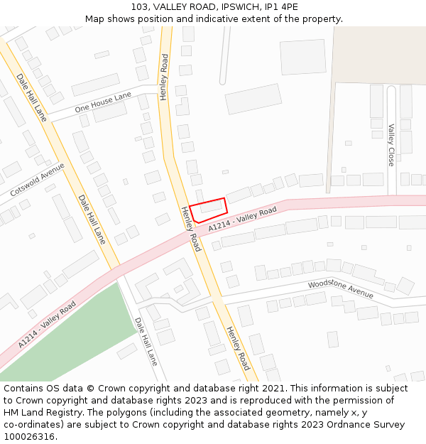 103, VALLEY ROAD, IPSWICH, IP1 4PE: Location map and indicative extent of plot