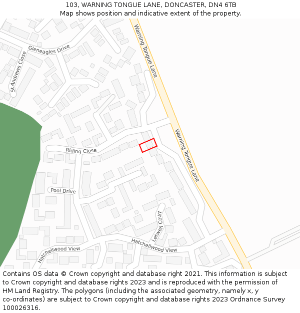 103, WARNING TONGUE LANE, DONCASTER, DN4 6TB: Location map and indicative extent of plot