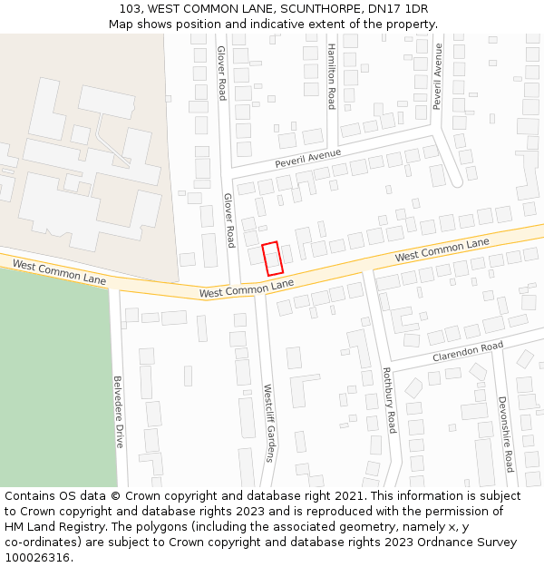 103, WEST COMMON LANE, SCUNTHORPE, DN17 1DR: Location map and indicative extent of plot