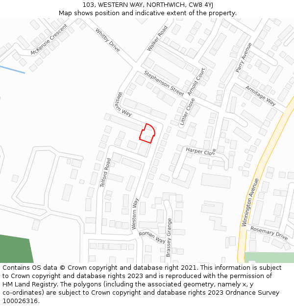 103, WESTERN WAY, NORTHWICH, CW8 4YJ: Location map and indicative extent of plot