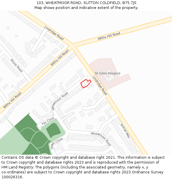 103, WHEATMOOR ROAD, SUTTON COLDFIELD, B75 7JS: Location map and indicative extent of plot