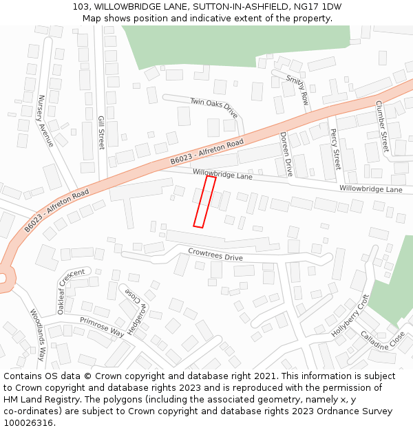 103, WILLOWBRIDGE LANE, SUTTON-IN-ASHFIELD, NG17 1DW: Location map and indicative extent of plot