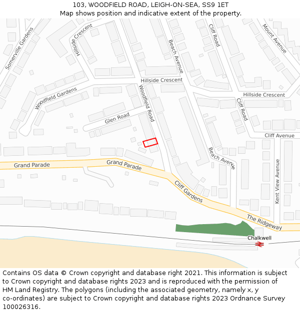 103, WOODFIELD ROAD, LEIGH-ON-SEA, SS9 1ET: Location map and indicative extent of plot