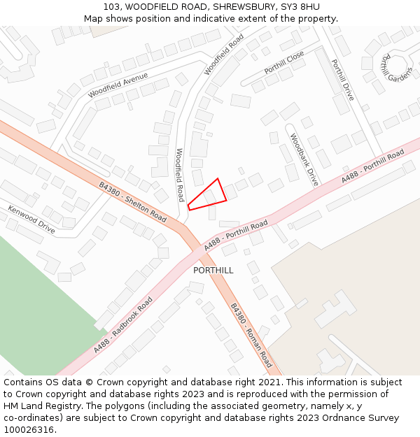 103, WOODFIELD ROAD, SHREWSBURY, SY3 8HU: Location map and indicative extent of plot