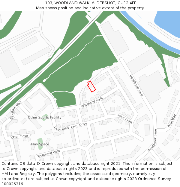 103, WOODLAND WALK, ALDERSHOT, GU12 4FF: Location map and indicative extent of plot