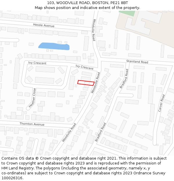 103, WOODVILLE ROAD, BOSTON, PE21 8BT: Location map and indicative extent of plot