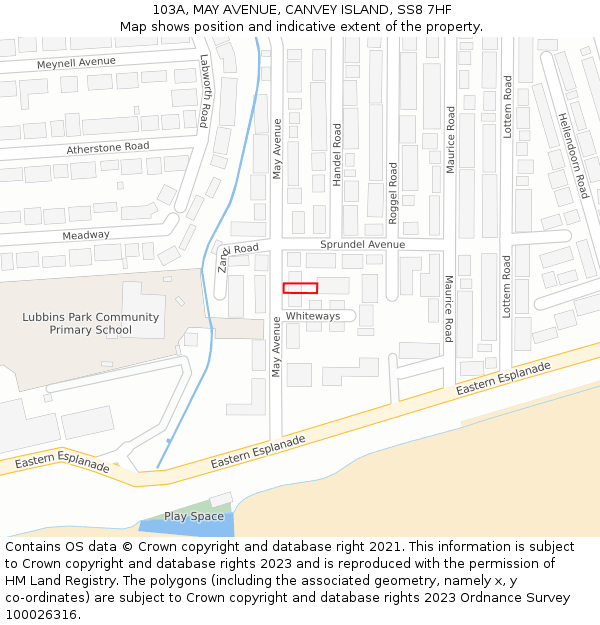 103A, MAY AVENUE, CANVEY ISLAND, SS8 7HF: Location map and indicative extent of plot