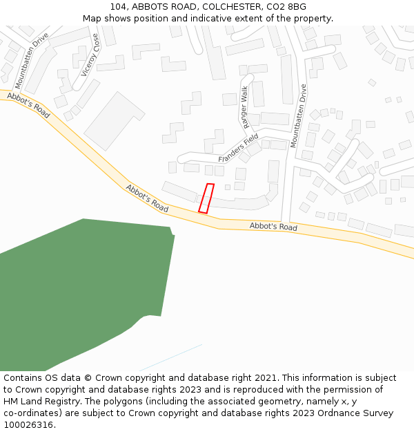 104, ABBOTS ROAD, COLCHESTER, CO2 8BG: Location map and indicative extent of plot